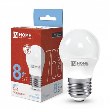 лампа светодиодная led-шар-vc 8вт шар 6500к холод. бел. e27 760лм 230в in home 4690612024905 с доставкой по МСК, категория лампа светодиодная
