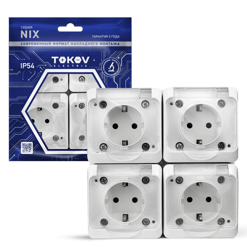розетка 4-м оп nix 16а ip54 250в с заземл. с прозр. крышкой бел. tokov electric tke-nx-r4z-c01t-ip54 с доставкой по МСК, категория розетка штепсельная