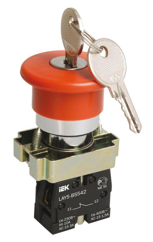 кнопка управления "грибок" lay5-bs142 d22мм 1р 240в с ключом красн. iek bbg50-lay5-k04 с доставкой по МСК, категория кнопка нажимная в сборе