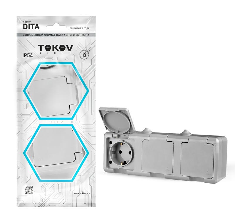 розетка 3-м оп dita 16а ip54 250в с заземл. с сер. крышкой сер. tokov electric tkl-dt-r3z-c06-ip54 с доставкой по МСК, категория розетка штепсельная