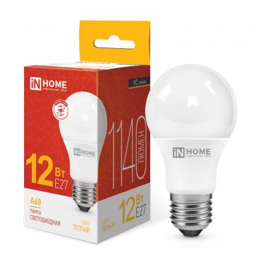 лампа светодиодная led-a60-vc 12вт грушевидная 3000к тепл. бел. e27 1140лм 230в in home 4690612020235 с доставкой по МСК, категория лампа светодиодная