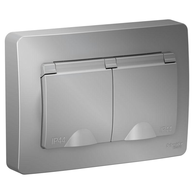 розетка 2-м сп blanca 16а ip44 250в с заземл. защ. шторки с крышкой алюм. se blnrs441123 с доставкой по МСК, категория розетка штепсельная