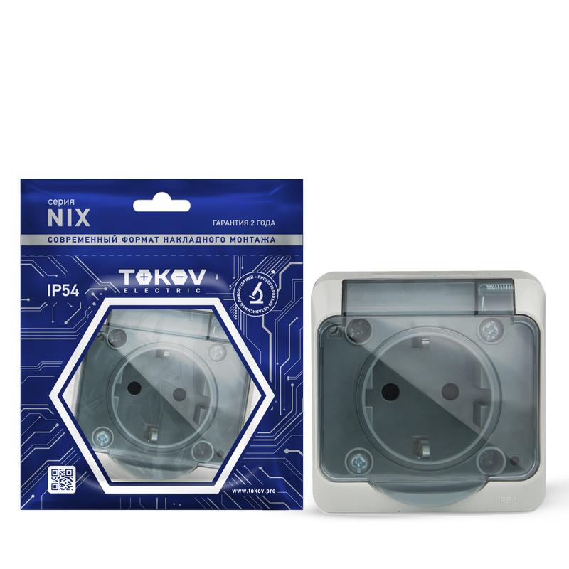 розетка 1-м оп nix 16а ip54 250в с заземл. с прозр. крышкой сер. tokov electric tke-nx-r1z-c06t-ip54 с доставкой по МСК, категория розетка штепсельная