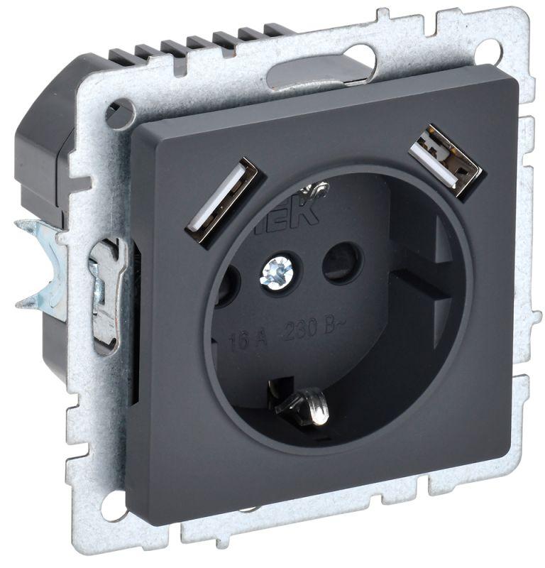 розетка brite рюш10-1-брг 16а с usb a+a 2.1а с заземл. защ. шторки графит iek br-r14-16-u21-d21-k53 с доставкой по МСК, категория розетка штепсельная