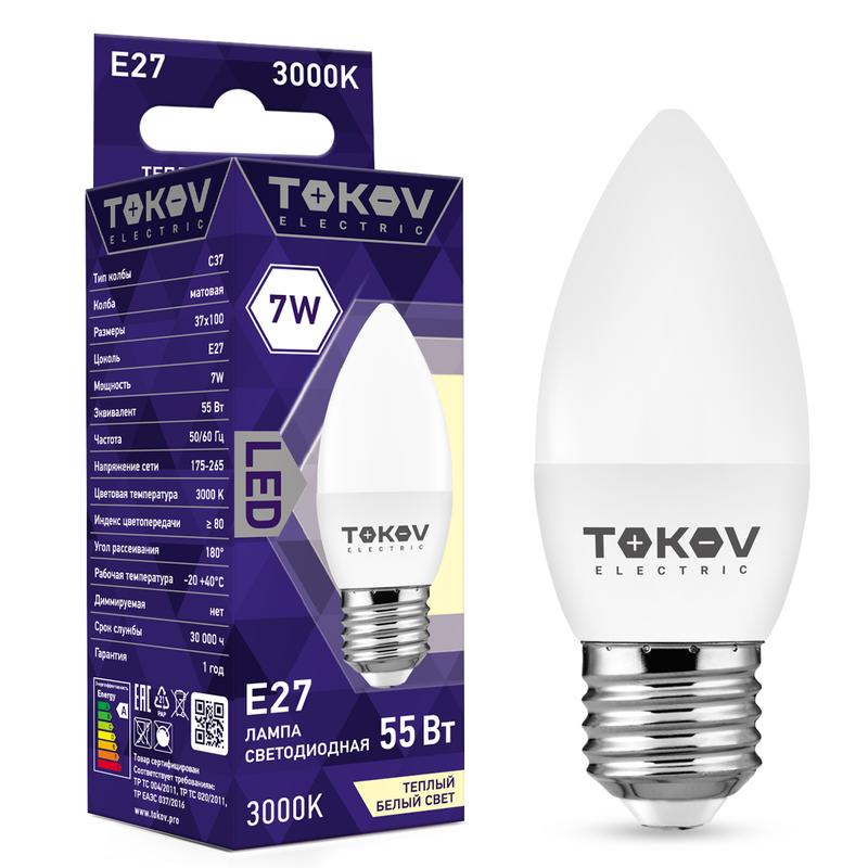 лампа светодиодная 7вт с37 3000к е27 176-264в tokov electric tke-c37-e27-7-3k с доставкой по МСК, категория лампа светодиодная