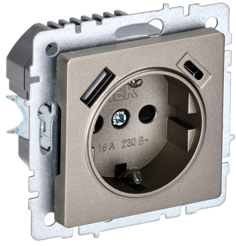 розетка brite рюш11-1-брш 16а с usb a+c 18вт с заземл. защ. шторки шампань iek br-r14-16-u22-018-k37 с доставкой по МСК, категория розетка штепсельная