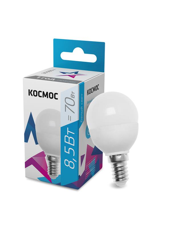 лампа светодиодная 8.5вт шар 4500к бел. e14 220в космос lkecled8.5wgl45e1445 с доставкой по МСК, категория лампа светодиодная