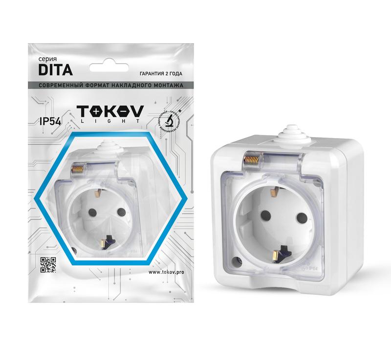 розетка 1-м оп dita 16а ip54 250в с заземл. с прозр. крышкой бел. tokov electric tkl-dt-r1z-c01t-ip54 с доставкой по МСК, категория розетка штепсельная