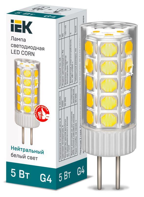лампа светодиодная corn 5вт капсульная 4000к нейтр. бел. g4 12в керамика iek lle-corn-5-012-40-g4 с доставкой по МСК, категория лампа светодиодная