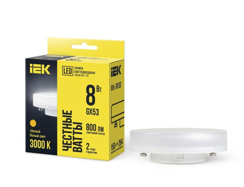 лампа светодиодная eco t75 таблетка 8вт 230в 3000к gx53 iek lle-t80-8-230-30-gx53 с доставкой по МСК, категория лампа светодиодная