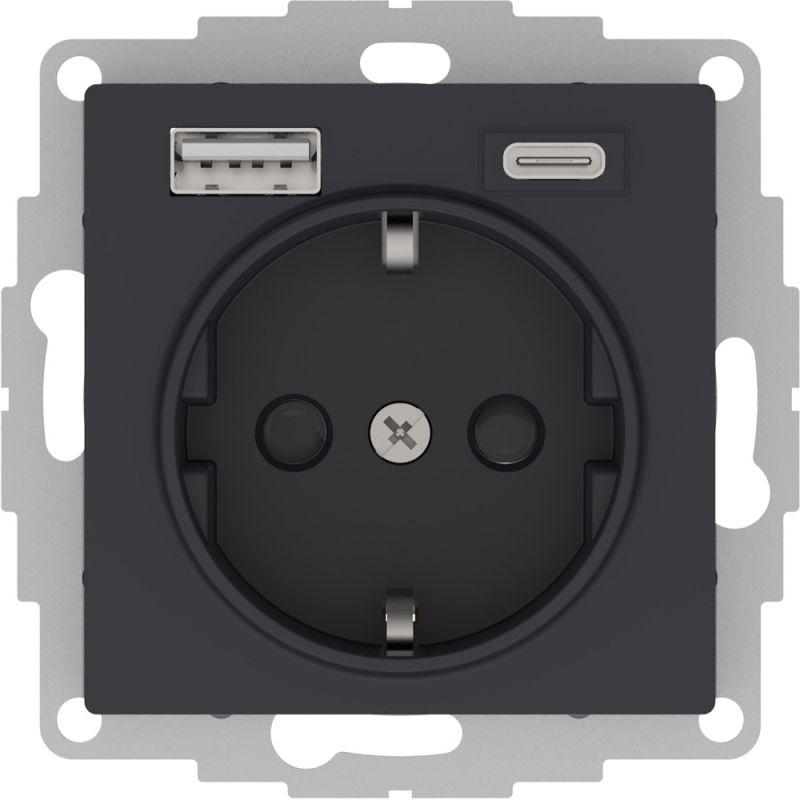 розетка atlasdesign 16а с 2-мя заряд. устройствами usb тип a+c 5в/2.4а 2х5в/1.2а механизм карбон se atn001032 с доставкой по МСК, категория розетка штепсельная