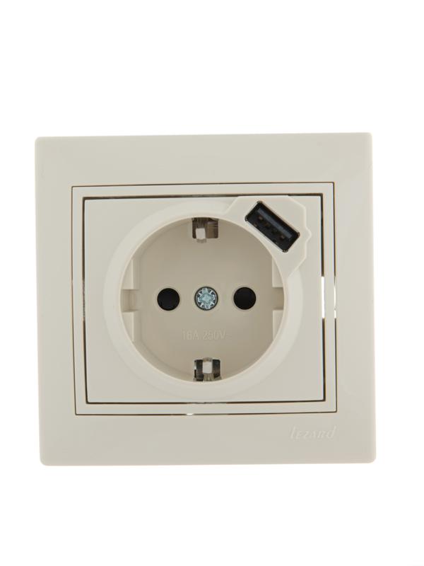 розетка 1-м сп mira 16а с заземл. + usb разъем крем. lezard 701-0303-181 с доставкой по МСК, категория розетка с заземлением стандарта schuko