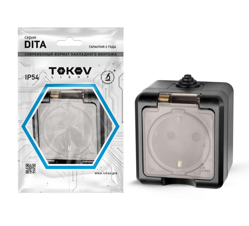 розетка 1-м оп dita 16а ip54 250в с заземл. с прозр. крышкой карбон tokov electric tkl-dt-r1z-c14t-ip54 с доставкой по МСК, категория розетка штепсельная