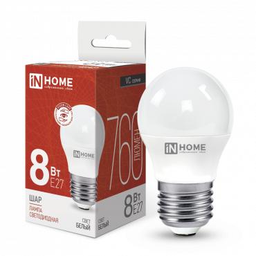 лампа светодиодная led-шар-vc 8вт шар 4000к нейтр. бел. e27 760лм 230в in home 4690612020570 с доставкой по МСК, категория лампа светодиодная
