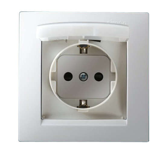 розетка 1-м сп simon15 16а ip44 250в с заземл. schuko защ. шторки с крышкой винт. клеммы бел. simon 1590450-030 с доставкой по МСК, категория розетка штепсельная