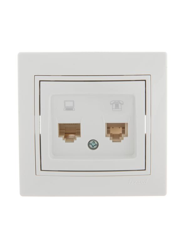розетка компьютерная + телефонная 2-м сп mira rj45 + rj11 бел./бел. lezard 701-0202-143 с доставкой по МСК, категория розетка медная коммуникационная (витая пара)