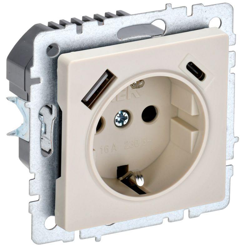 розетка brite рюш11-1-бркр 16а с usb a+c 18вт с заземл. защ. шторки беж. iek br-r14-16-u22-018-k10 с доставкой по МСК, категория розетка штепсельная
