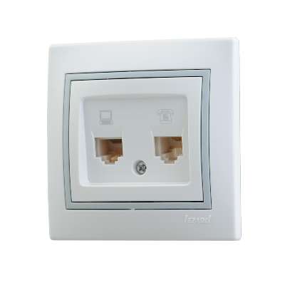 розетка компьютерная + телефонная 2-м сп mira rj45 + rj11 ip20 с сер. вставкой бел. lezard 701-0215-143 с доставкой по МСК, категория розетка штепсельная