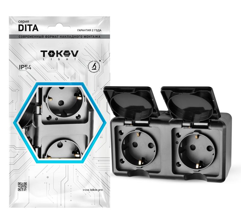 розетка 2-м оп dita 16а ip54 250в с заземл. с крышкой карбон tokov electric tkl-dt-r2z-c14-ip54 с доставкой по МСК, категория розетка штепсельная