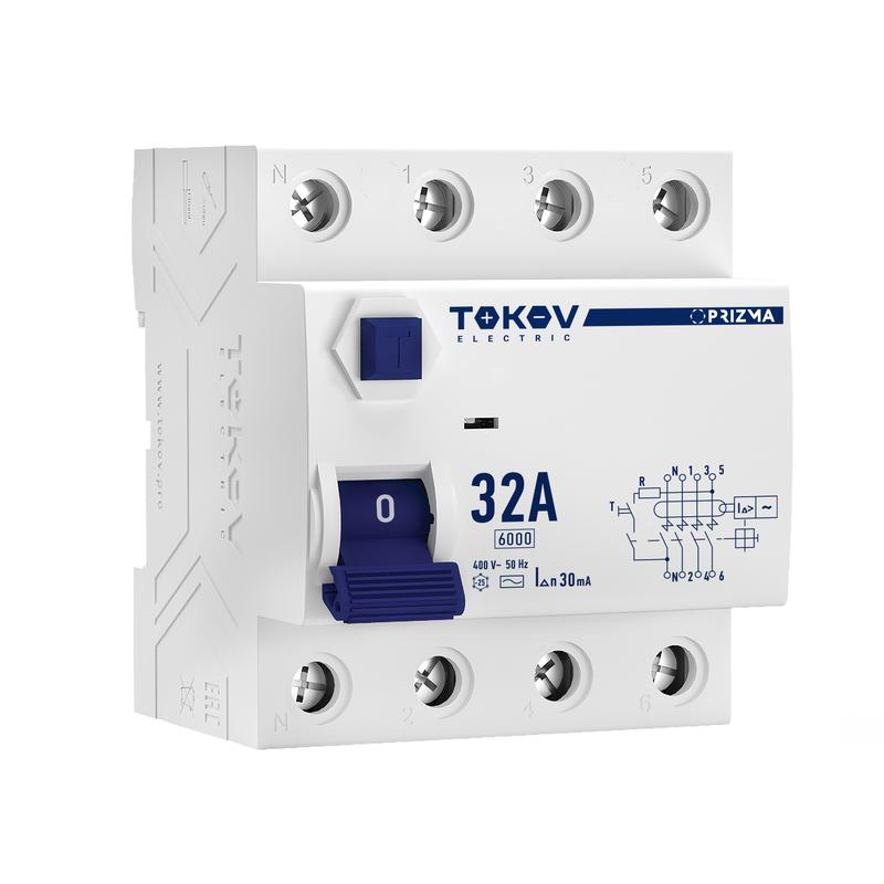 выключатель дифференциального тока (узо) 4п (3p+n) 32а 30ма тип ac 6ка tokov electric tke-pz60-rcdm-4-32-30-ac с доставкой по МСК, категория устройство защитного отключения (узо)