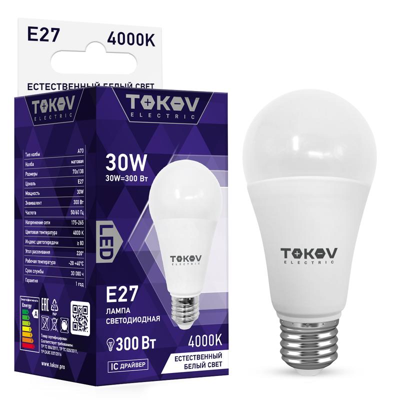 лампа светодиодная 30вт а70 4000к е27 176-264в tokov electric tke-a70-e27-30-4k с доставкой по МСК, категория лампа светодиодная