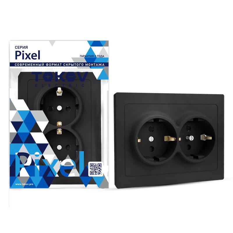 розетка 2-м сп pixel 16а ip20 с заземл. защ. шторки в сборе карбон tokov electric tke-px-r2fzsf-c14 с доставкой по МСК, категория розетка штепсельная