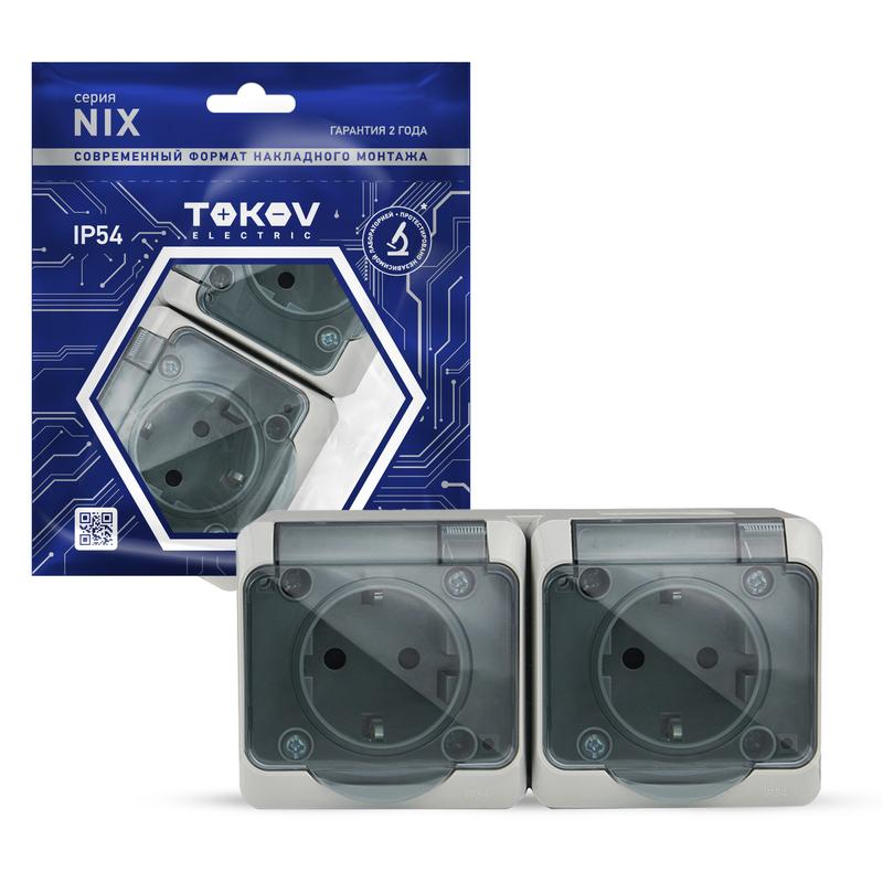розетка 2-м оп nix 16а ip54 250в с заземл. с прозр. крышкой сер. tokov electric tke-nx-r2z-c06t-ip54 с доставкой по МСК, категория розетка штепсельная