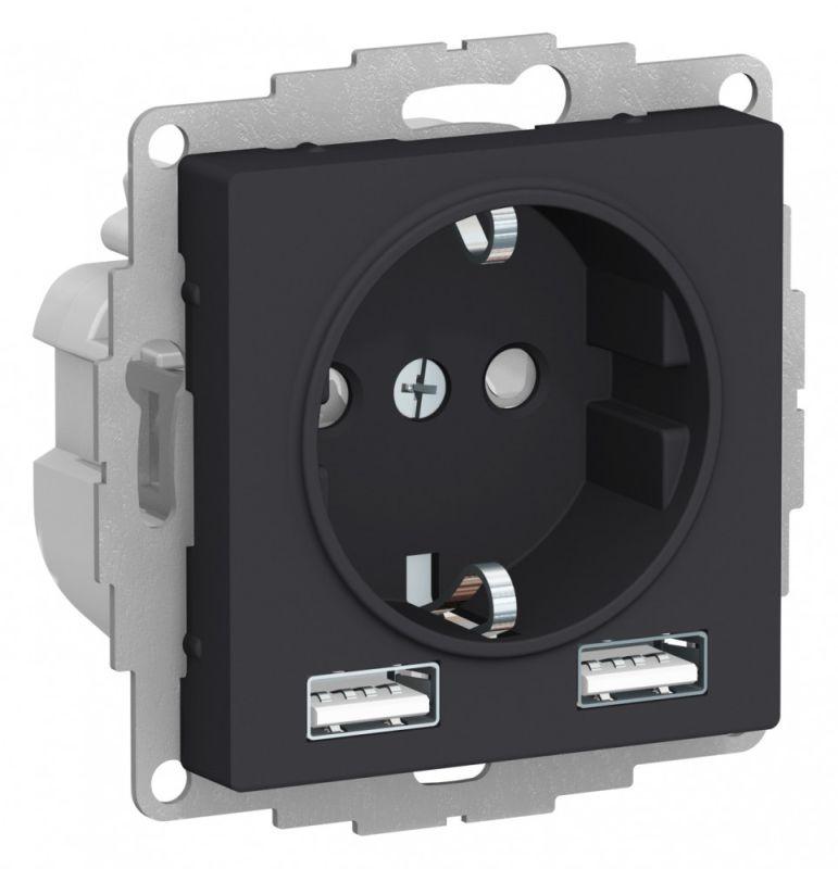 розетка 1-м сп atlasdesign 16а ip20 с 2-мя заряд. устройствами usb тип a+a 5в/2.4а 2х5в/1.2а механизм карбон se atn001030 с доставкой по МСК, категория розетка штепсельная