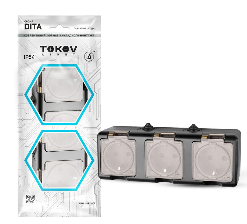 розетка 3-м оп dita 16а ip54 250в с заземл. с прозр. крышкой карбонtokov electric tkl-dt-r3z-c14t-ip54 с доставкой по МСК, категория розетка штепсельная