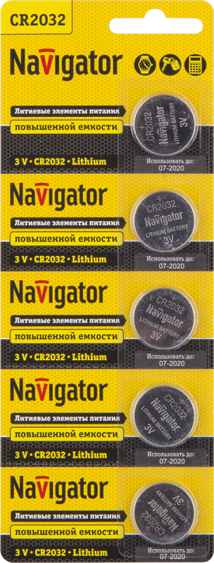 элемент питания литиевый cr2032 94 765 nbt-cr2032-bp5 (блист.5шт) navigator 94765 с доставкой по МСК, категория гальванический элемент
