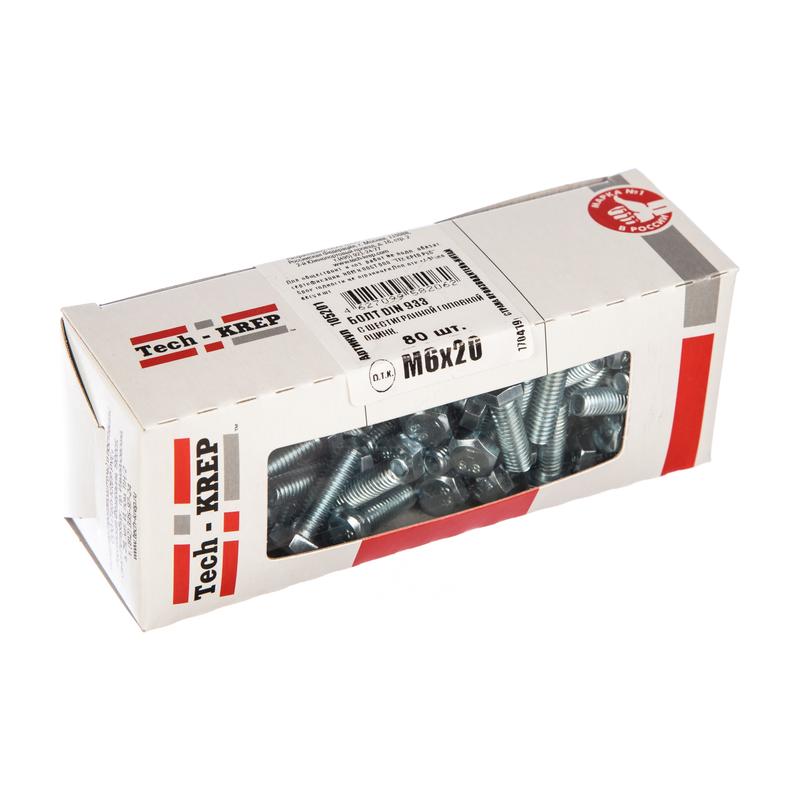 болт din933 с шестигранной головкой м6х20 оцинк. (уп.80шт) tech-krep 105201 с доставкой по МСК, категория болт с шестигранной головкой