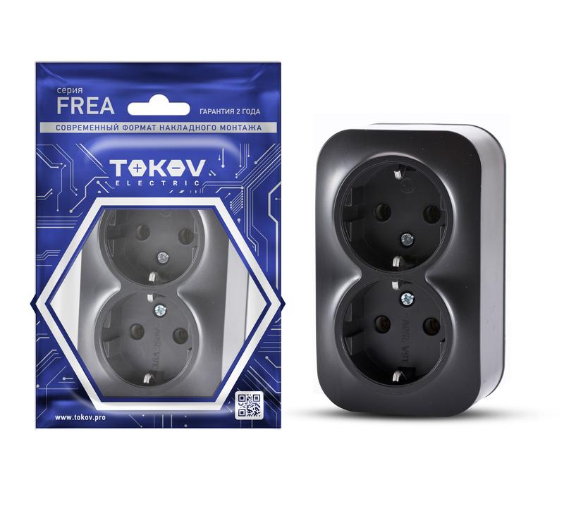 розетка 2-м оп frea 16а ip20 250в с заземл. абс-пластик карбон tokov electric tke-fr-r2z-c14 с доставкой по МСК, категория розетка штепсельная