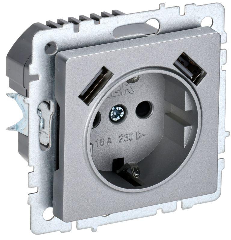 розетка brite рюш10-1-бра 16а с usb a+a 2.1а с заземл. защ. шторки алюм. iek br-r14-16-u21-d21-k47 с доставкой по МСК, категория розетка штепсельная