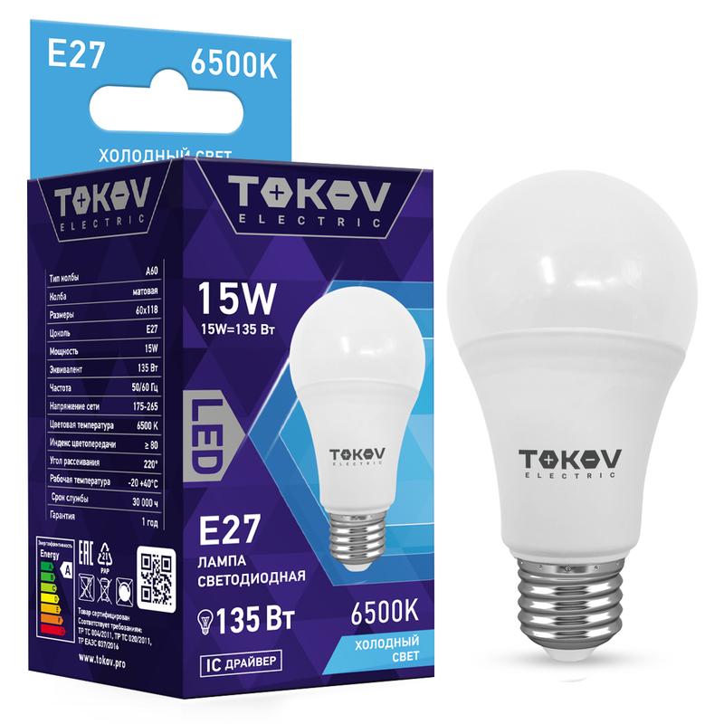 лампа светодиодная 15вт а60 6500к е27 176-264в tokov electric tke-a60-e27-15-6.5k с доставкой по МСК, категория лампа светодиодная