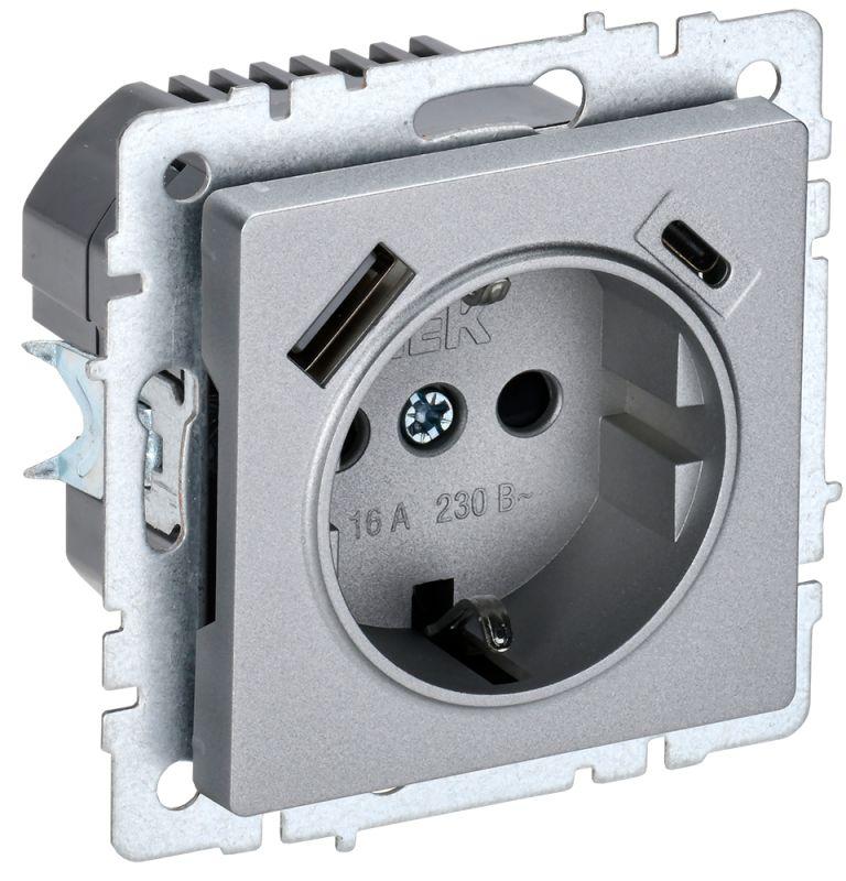 розетка brite рюш11-1-бра 16а с usb a+c 18вт с заземл. защ. шторки алюм. iek br-r14-16-u22-018-k47 с доставкой по МСК, категория розетка штепсельная