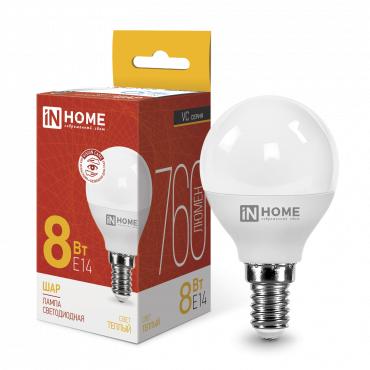 Лампа светодиодная LED-ШАР-VC 8Вт шар 3000К тепл. бел. E14 760лм 230В IN HOME 4690612020549 лампа светодиодная led-шар-vc 8вт шар 3000к тепл. бел. e14 760лм 230в in home 4690612020549 с доставкой по МСК