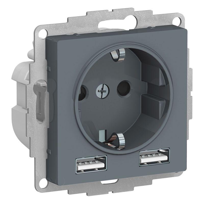 розетка 1-м сп atlasdesign 16а ip20 с 2-мя заряд. устройствами usb тип a+a 5в/2.4а 2х5в/1.2а механизм грифель se atn000730 с доставкой по МСК, категория розетка штепсельная