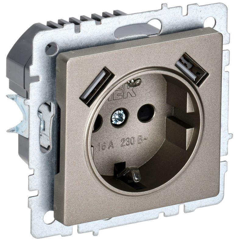розетка brite рюш10-2-брш 16а с usb a+a 3.1а с заземл. защ. шторки шампань iek br-r14-16-u21-d31-k37 с доставкой по МСК, категория розетка штепсельная