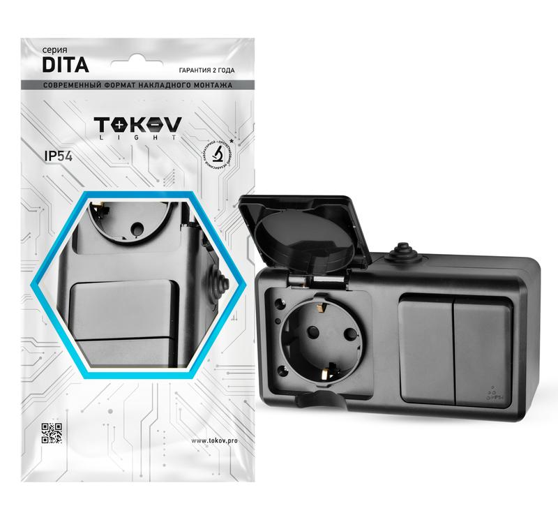 блок оп dita (розетка 16а 250в с заземл. + 2-кл. выкл. 10а) ip54 карбон tokov electric tkl-dt-v2rz-c14-ip54 с доставкой по МСК, категория блок "выключатель-розетка"