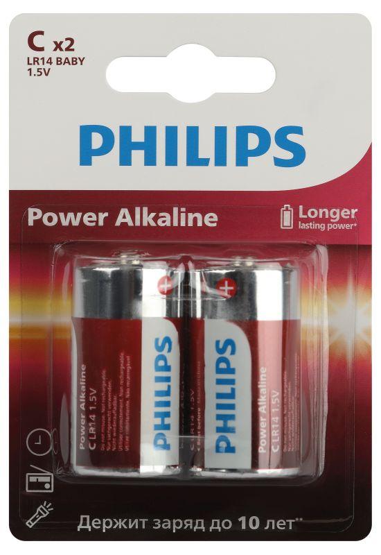элемент питания алкалиновый c/lr14 1.5в power (блист. 2шт) philips б0062687 с доставкой по МСК, категория гальванический элемент