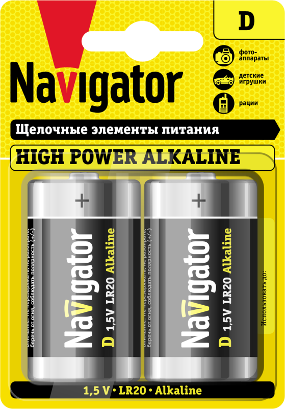 элемент питания алкалиновый d/lr20 94 755 nbt-ne-lr20-bp2 (блист.2шт) navigator 94755 с доставкой по МСК, категория гальванический элемент