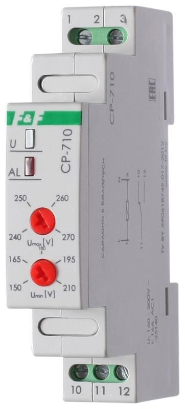 реле напряжения cp-710 (однофазный; контроль верхнего и нижнего значений напряжения; монтаж на din-рейке 35мм; 230в 16а 1p ip20) f&f ea04.009.001 с доставкой по МСК, категория реле напряжения