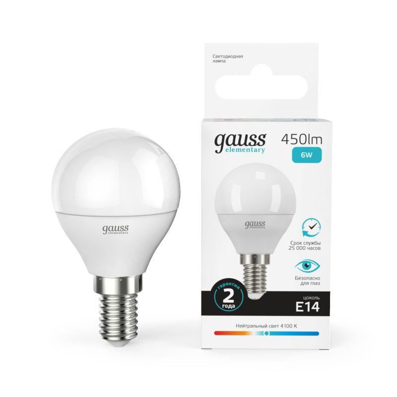 лампа светодиодная elementary 6вт p45 шар 4100к нейтр. бел. e14 450лм gauss 53126 с доставкой по МСК, категория лампа светодиодная