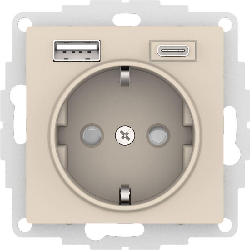 розетка atlasdesign 16а с 2-мя заряд. устройствами usb тип a+c 5в/2.4а 2х5в/1.2а механизм беж. se atn000232 с доставкой по МСК, категория розетка штепсельная