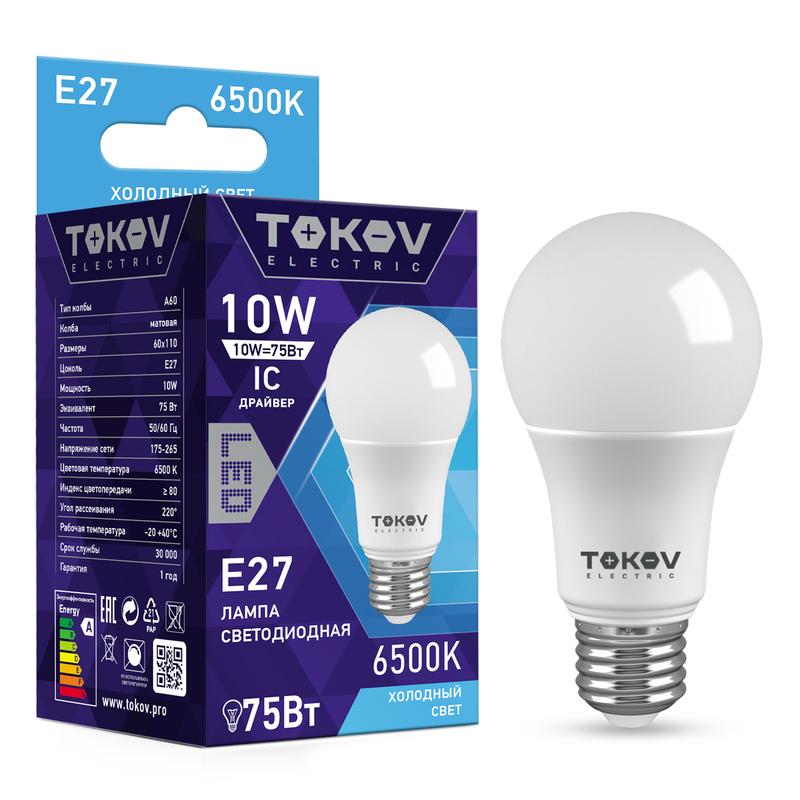 лампа светодиодная 10вт а60 6500к е27 176-264в tokov electric tke-a60-e27-10-6.5k с доставкой по МСК, категория лампа светодиодная