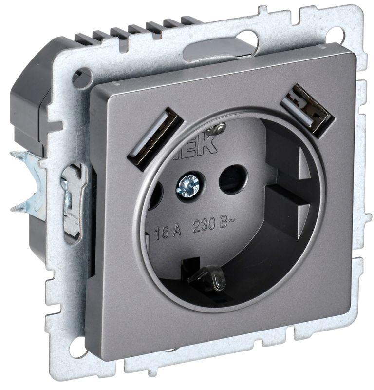 розетка brite рюш10-1-брс 16а с usb a+a 2.1а с заземл. защ. шторки сталь iek br-r14-16-u21-d21-k46 с доставкой по МСК, категория розетка штепсельная