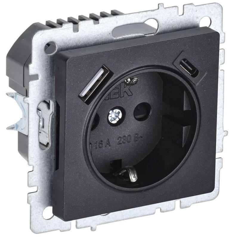 розетка brite рюш11-1-брч 16а с usb a+c 18вт с заземл. защ. шторки механизм черн. iek br-r14-16-u22-018-k02 с доставкой по МСК, категория розетка штепсельная