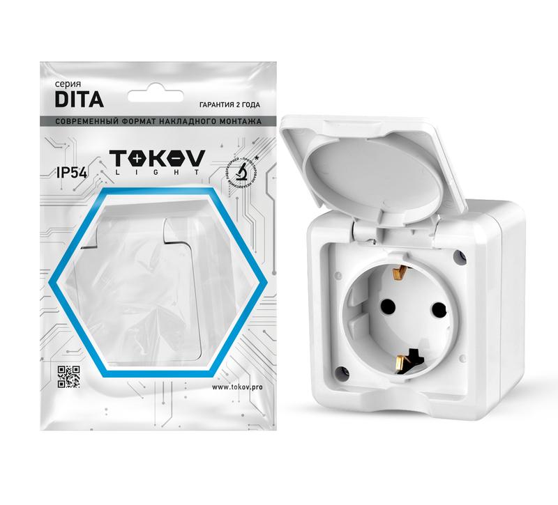 розетка 1-м оп dita 16а ip54 250в с заземл. с крышкой бел. tokov electric tkl-dt-r1z-c01-ip54 с доставкой по МСК, категория розетка штепсельная