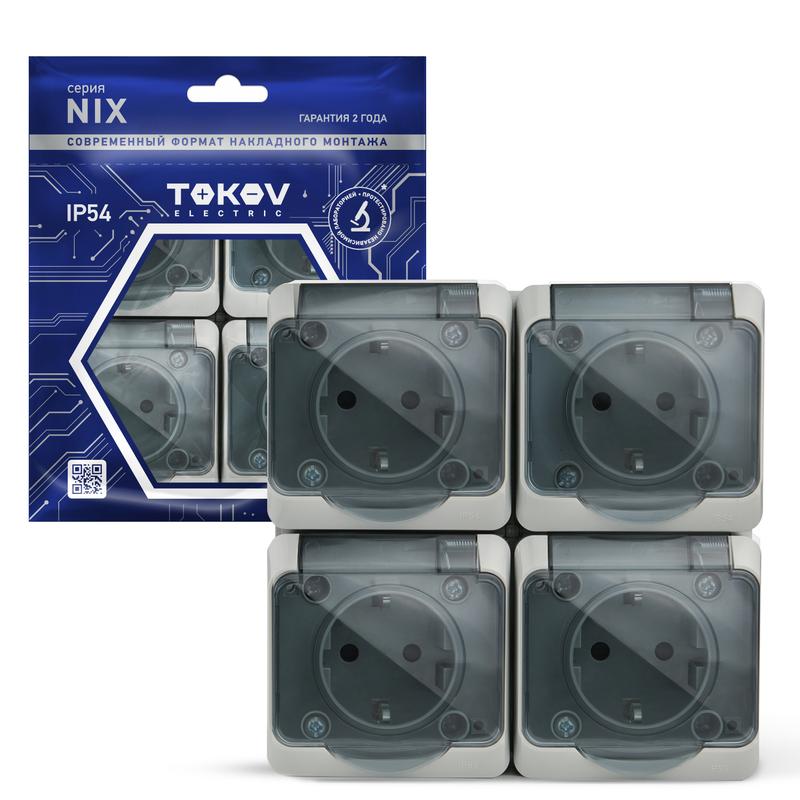 розетка 4-м оп nix 16а ip54 250в с заземл. с прозр. крышкой сер. tokov electric tke-nx-r4z-c06t-ip54 с доставкой по МСК, категория розетка штепсельная