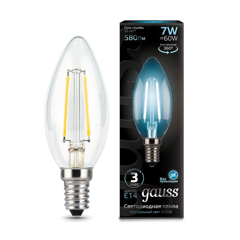 лампа светодиодная филаментная black filament 7вт свеча 4100к нейтр. бел. e14 580лм gauss 103801207 с доставкой по МСК, категория лампа светодиодная